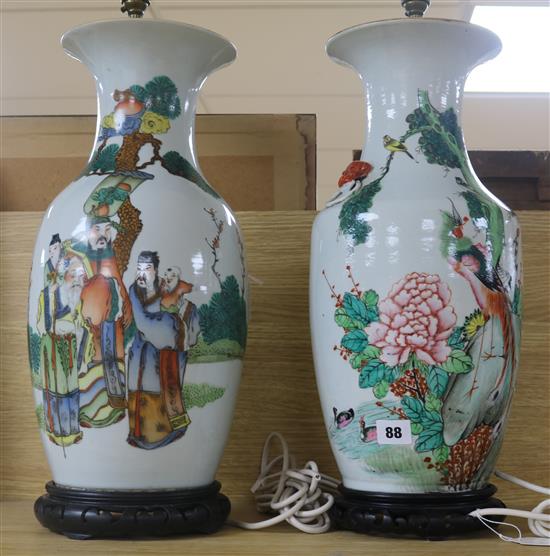 Two Chinese famille rose vases, early 20th century, converted to lamps